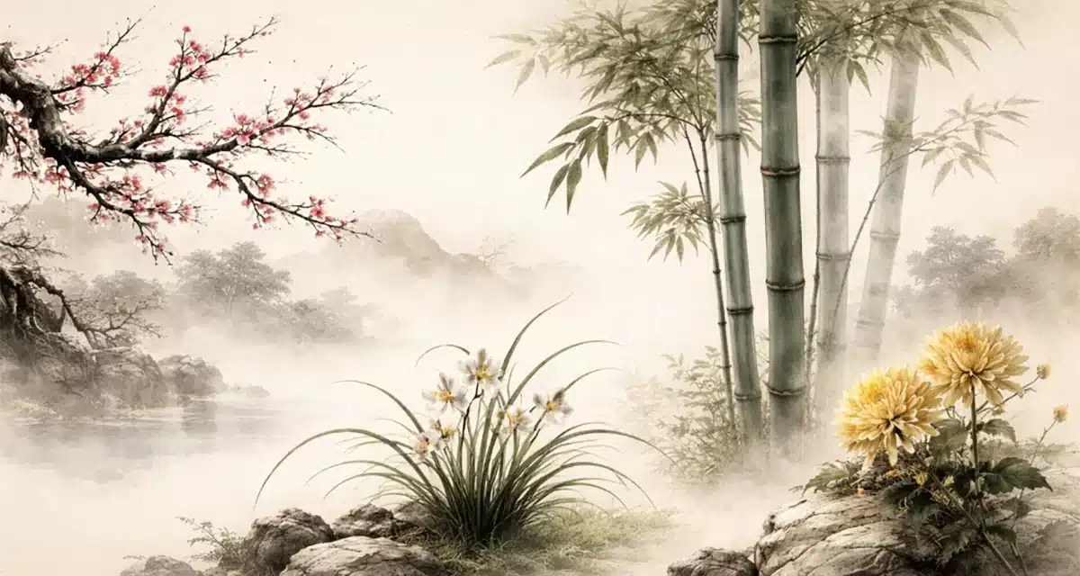 The Four Noble Plants (or Gentlemen): Plum, Orchid, Bamboo & Chrysanthemum